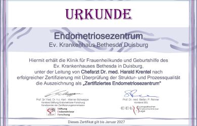 Urkunde mit dem offiziellen Zertifikat für das Endometriosezentrum am Evangelischen Krankenhaus BETHESDA Duisburg.