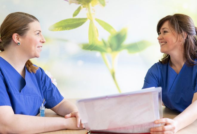 Zwei Ärztinnen der Geburtshilfe im Bethesda sitzen beisammen und besprechen sich miteinander.