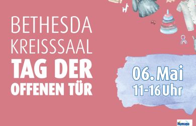 Plakat mit Informationen zum Tag der offenen Tür im Bethesda Kreißsaal, inklusive Datum und Uhrzeit.