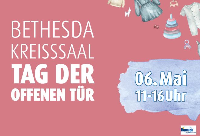 Plakat mit Informationen zum Tag der offenen Tür im Bethesda Kreißsaal, inklusive Datum und Uhrzeit.